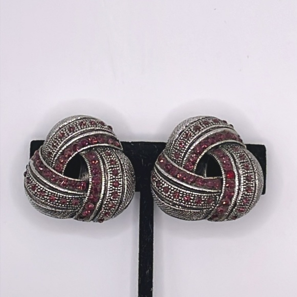 Made in USA Signed Silver Garnet Color Triangular Knot Clip-on Earrings